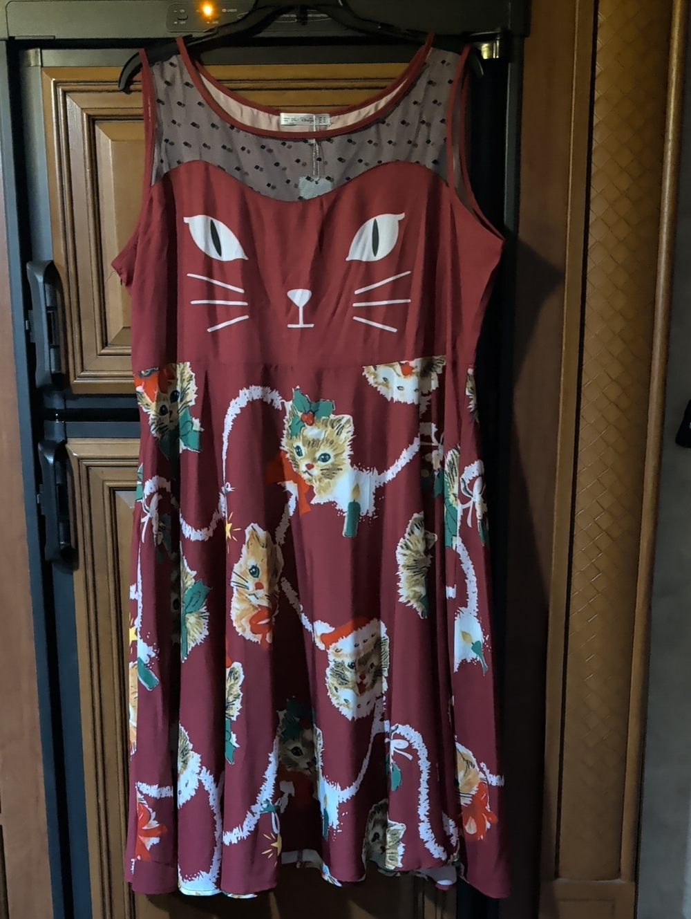Sleeveless Burgundy Holiday Cat Print A-Line Dress